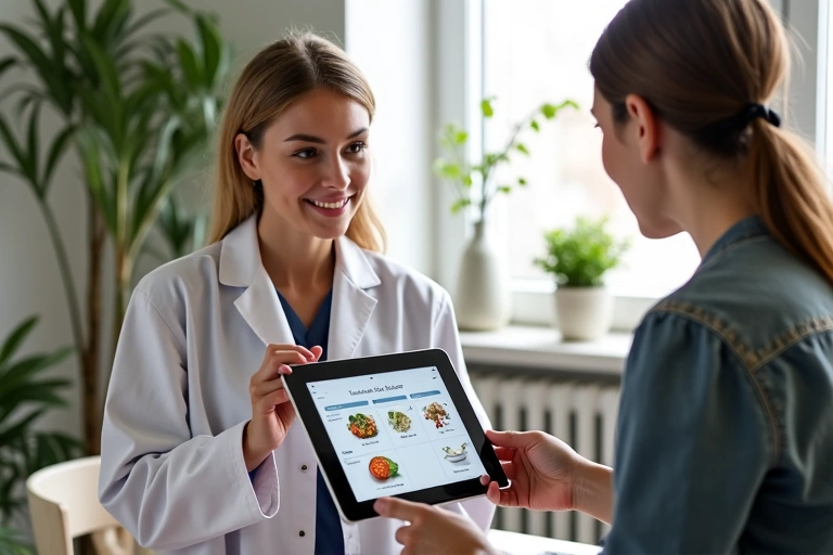 Nutrycjonistka prowadząca konsultacje z klientką w przyjaznym gabinecie, objaśniająca plan żywieniowy na tablecie.