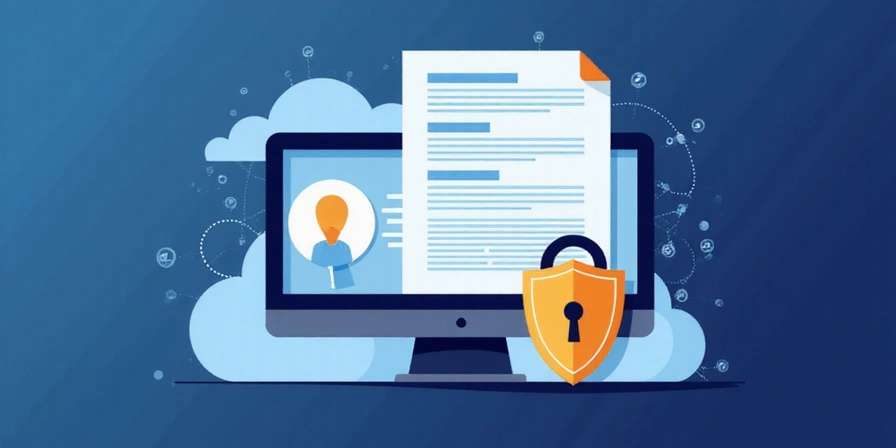 Ilustracja przedstawiająca bezpieczne dane osobowe, z kłódką i tarczą chroniącą dokumenty.